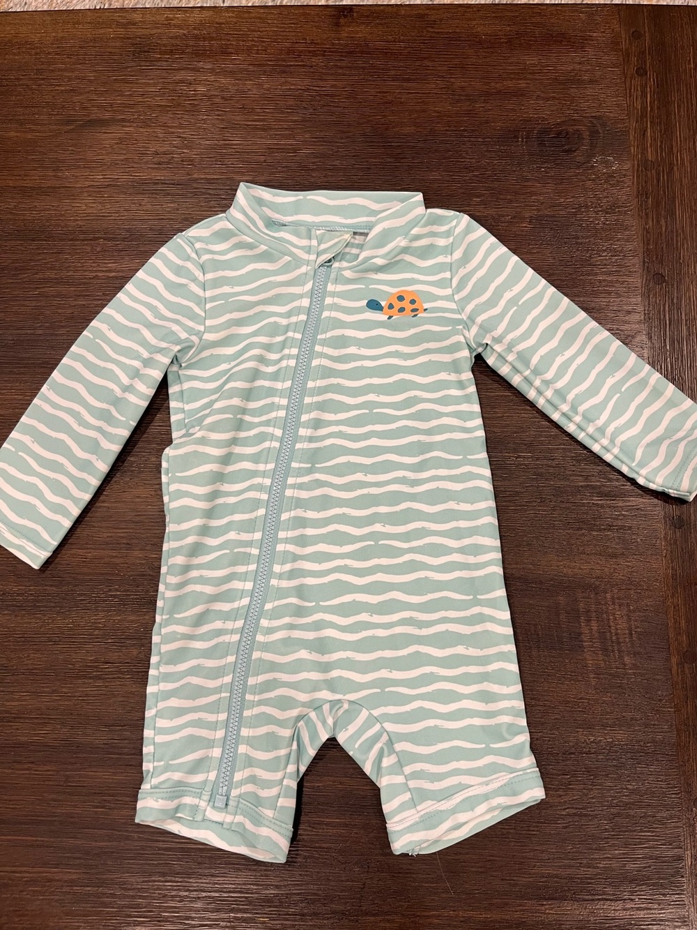Carter's Mint and White Striped Rashguard Swim 3-6M with Turtle Accent Like New